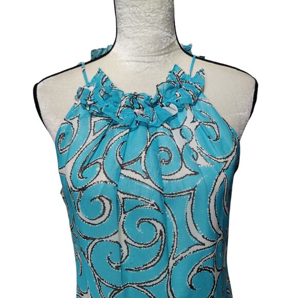 Milly of New York Women's Sz 6 Blue Cotton Halter Sheath Dress Ruffle Neck - Picture 2 of 10